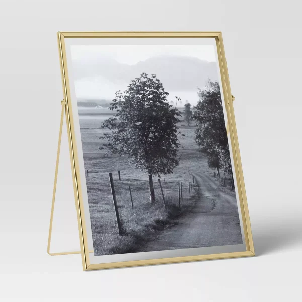 9" x 11" Float to 8" x 10" Linear Metal Easel Single Image Frame Brass: Modern Tabletop Display